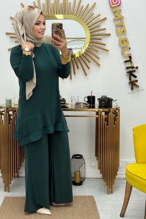 Şifon Detaylı İspanyol Takım  Zümrüt