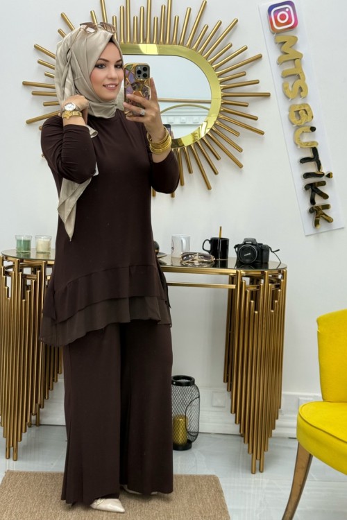 Şifon Detaylı İspanyol Takım  Kahverengi