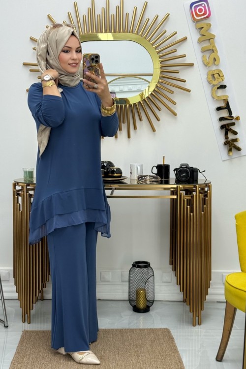 Şifon Detaylı İspanyol Takım  Mavi