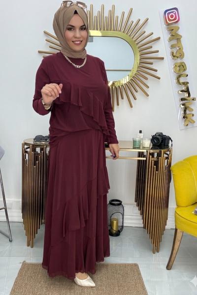 Şifon Etekli Takım  Bordo