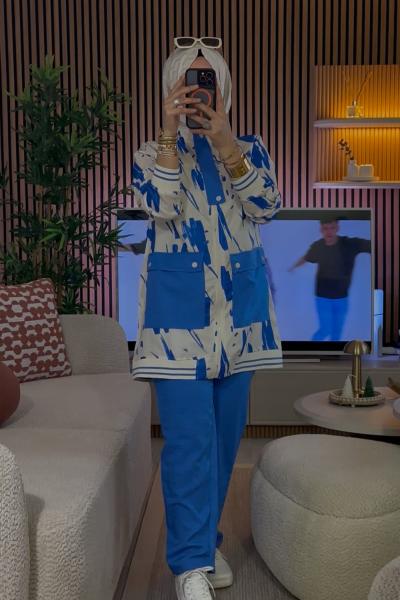 Szn Keten Takım Çift Cepli  Saks Mavisi