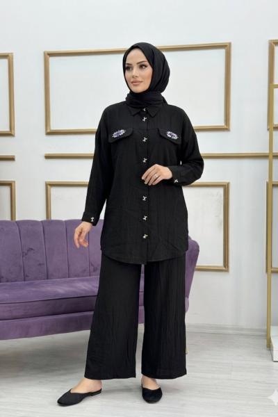 Taşlı Kapak Cep Takım  Siyah