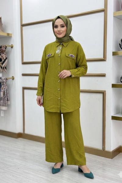 Taşlı Kapak Cep Takım  Yağ Yeşili