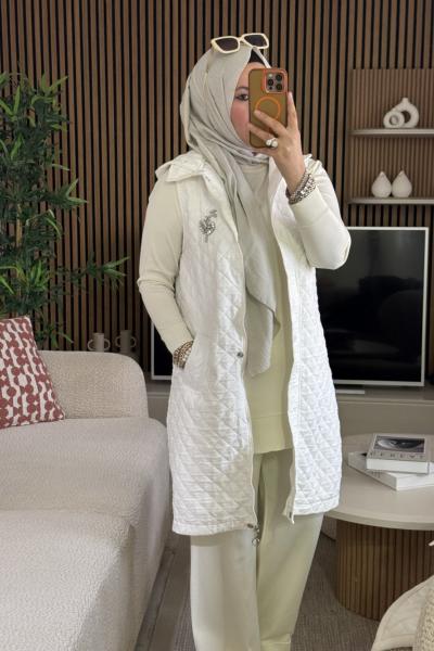 Taşlı Kapitone Yelek Beyaz