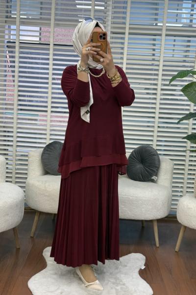 Tuana Etekli Bluzu Şifonlu Takım  Bordo