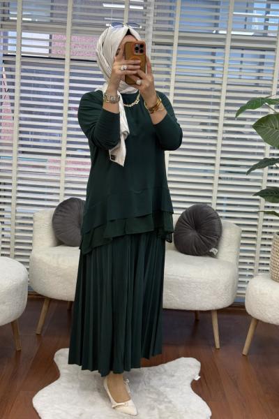 Tuana Etekli Bluzu Şifonlu Takım  Zümrüt