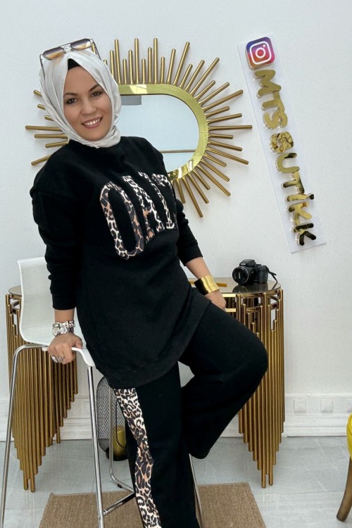 Üç İplik Pamuklu  Leopar Takım  Siyah