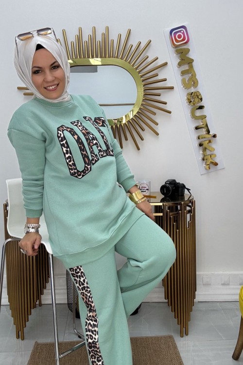 Üç İplik Pamuklu  Leopar Takım  Mint Yeşili