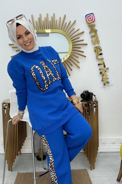 Üç İplik Pamuklu  Leopar Takım  Saks Mavisi