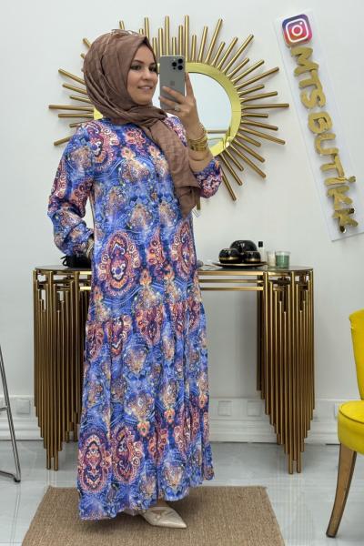 Viskon Elbise Önü Dügmeli Mavi