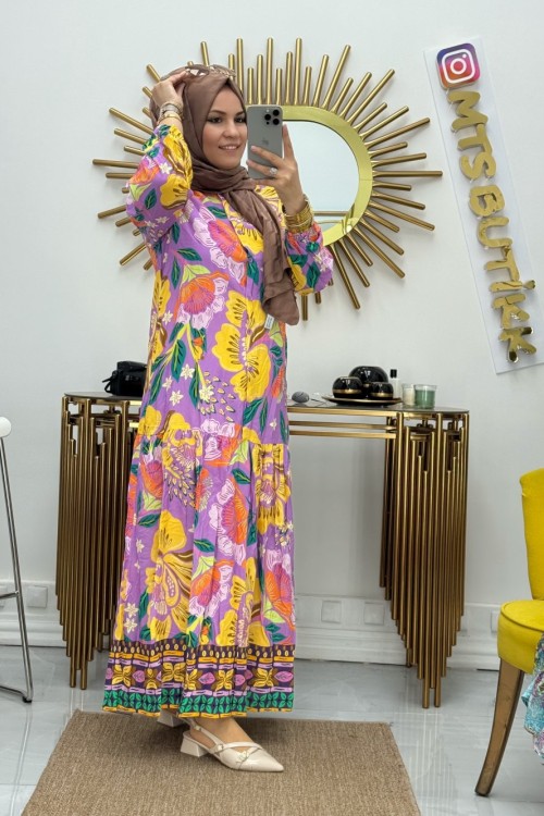 Viskon Elbise Önü Dügmeli Sarı