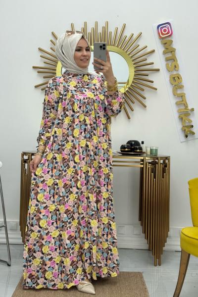 Viskon Elbise Önü Dügmeli Pembe