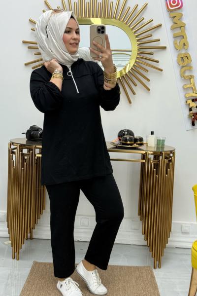 Yakası Fermuarlı Takım  Siyah