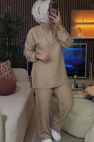 Yakası Gümüş Fermuarlı  Camel