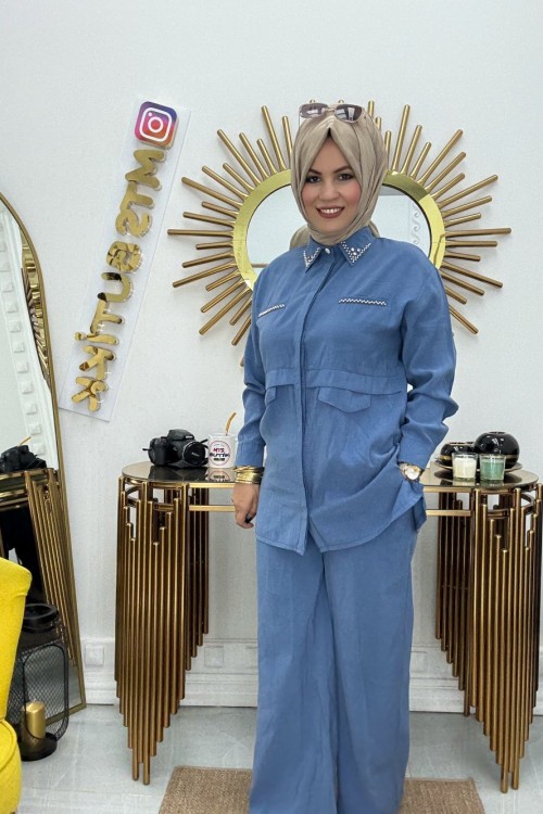 Yakası İnci Taşlı  Mavi