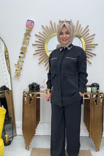 Yakası İnci Taşlı  Siyah