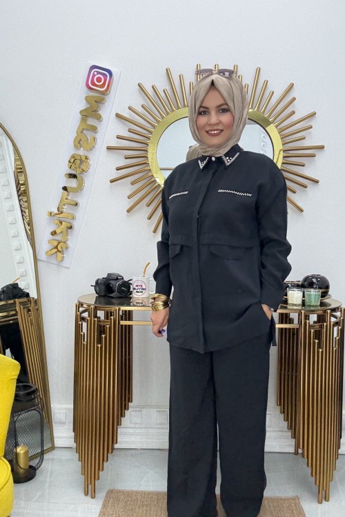 Yakası İnci Taşlı  Siyah