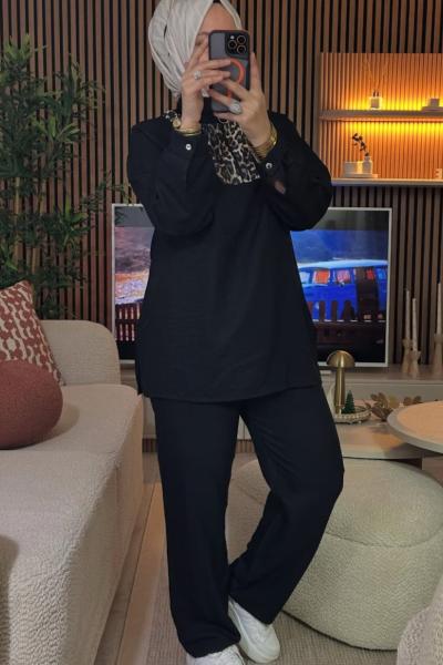 Yakası Leopar Fermuarlı  Siyah