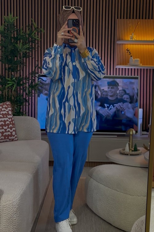 Yakası Taşlı Takım  Mavi