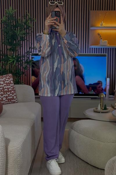 Yakası Taşlı Takım  Lila