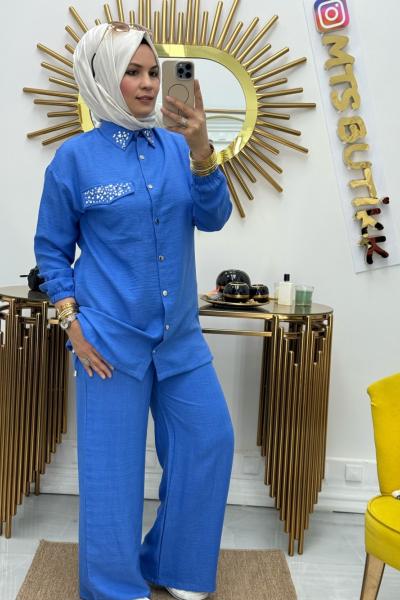 Yakası Taşlı Takım  Saks Mavisi