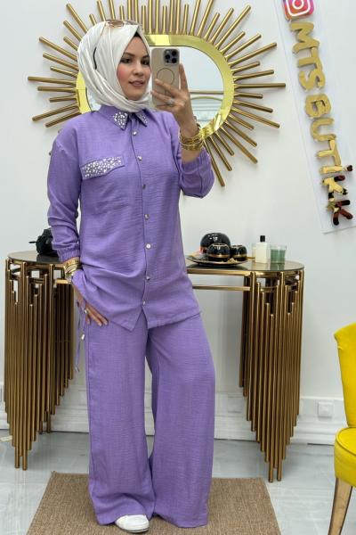 Yakası Taşlı Takım  Lila