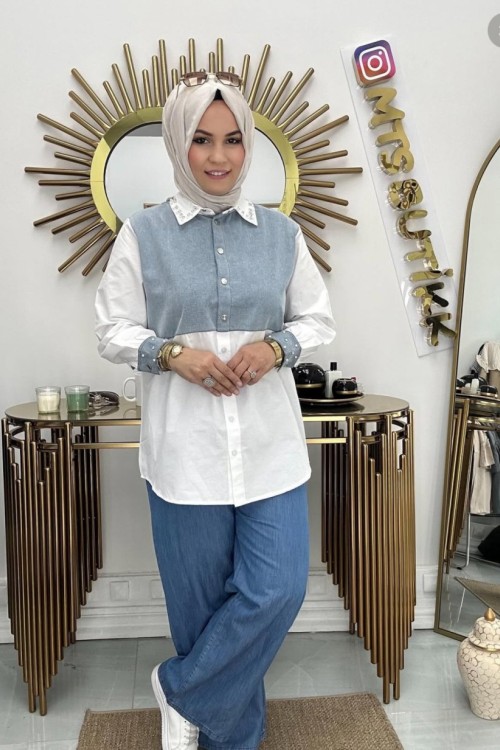 Yakası Taşlı Gömlek  Beyaz