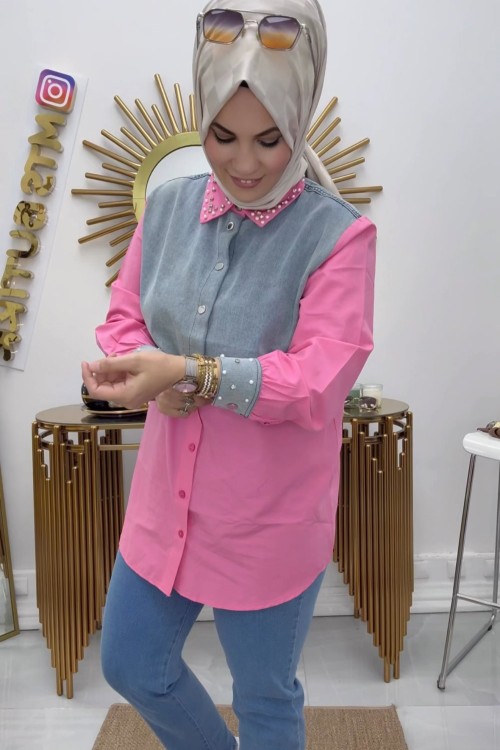 Yakası Taşlı Gömlek  Pembe
