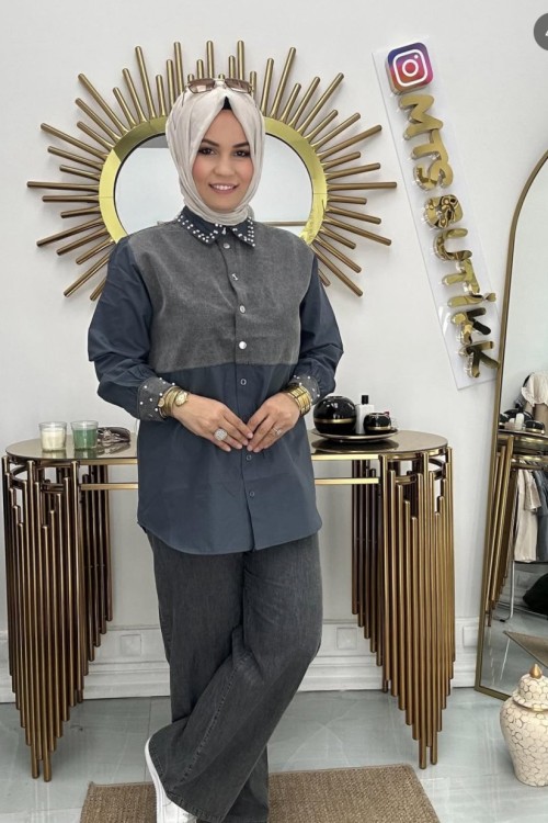 Yakası Taşlı Gömlek  Füme