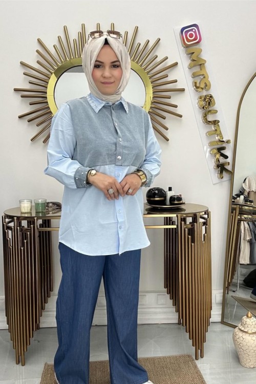 Yakası Taşlı Gömlek  Mavi