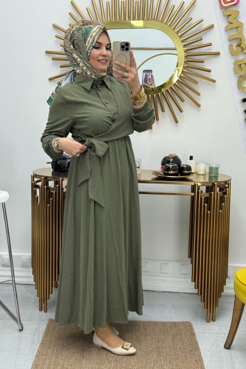 Yandan Bağlamalı Elbise Haki