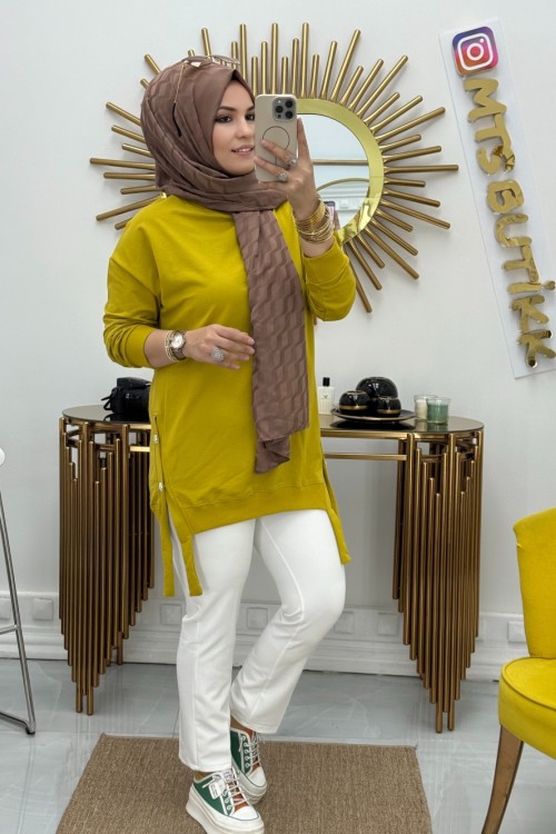 Yanı Düğmeli Tunik  Yağ Yeşili