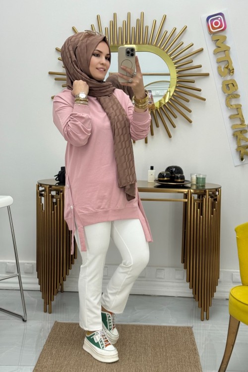 Yanı Düğmeli Tunik  Pudra