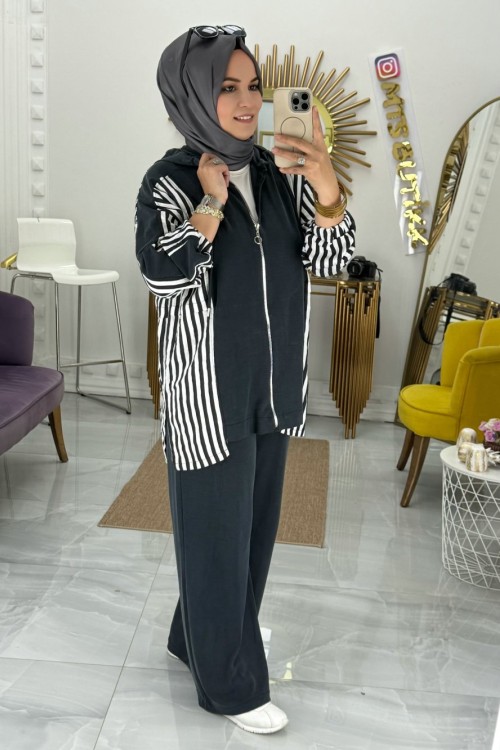 Yanları Çizgili İpek Oyho Takım  Füme