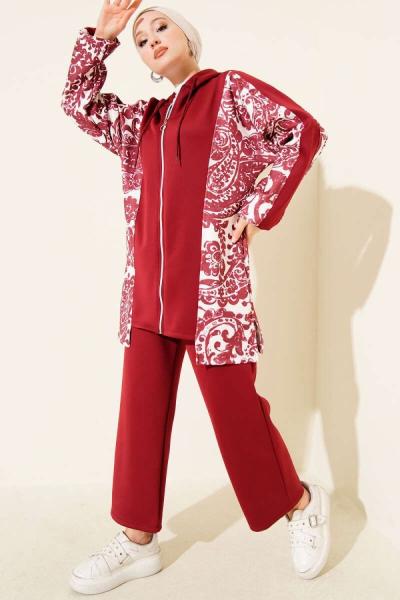Yanları Desenli Takım  Bordo