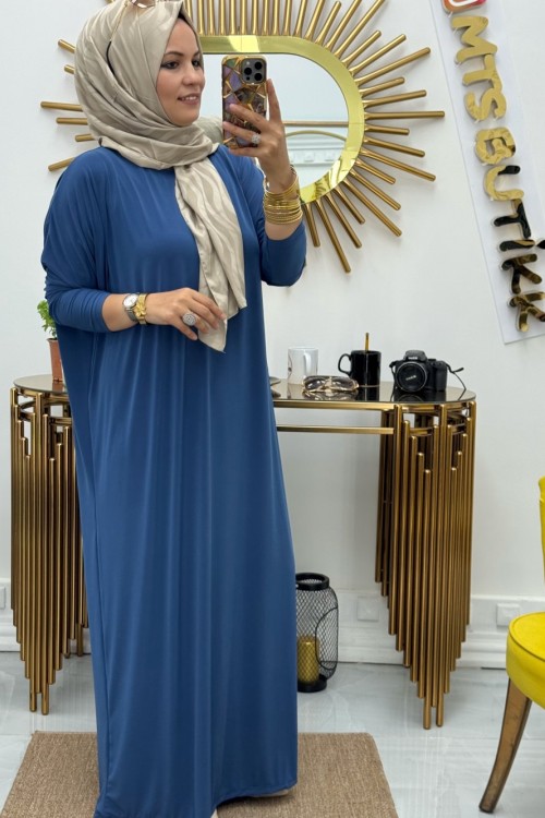 Yarasa Kol Elbise Saks Mavisi