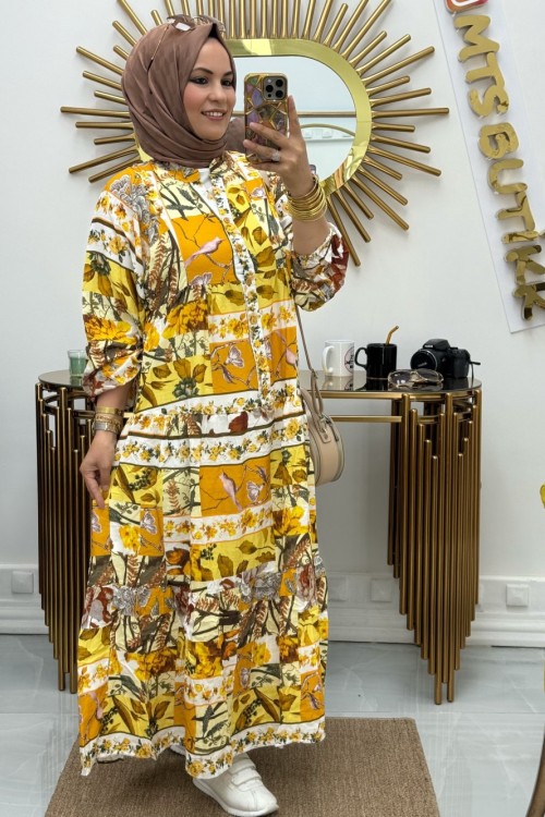 Yarım Patlı Elbise Hardal Sarısı