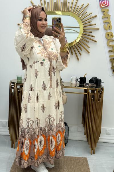 Yarım Patlı Elbise Ekru Turuncu