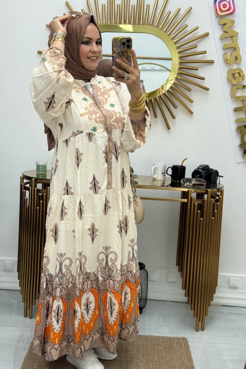 Yarım Patlı Elbise Ekru Turuncu