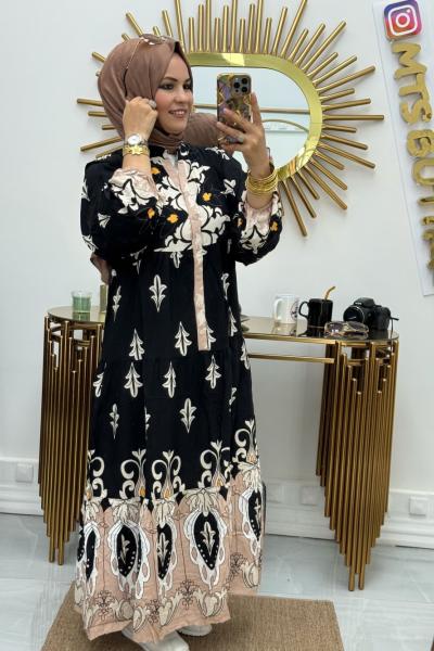 Yarım Patlı Elbise Siyah Ekru