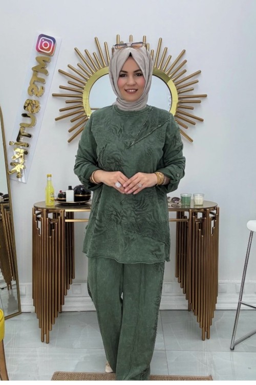 Yıkamalı Taşlı Takım  Haki