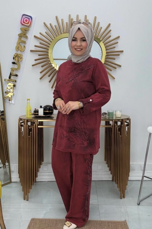 Yıkamalı Taşlı Takım  Bordo