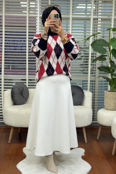 Yün Kazak Bordo Beyaz