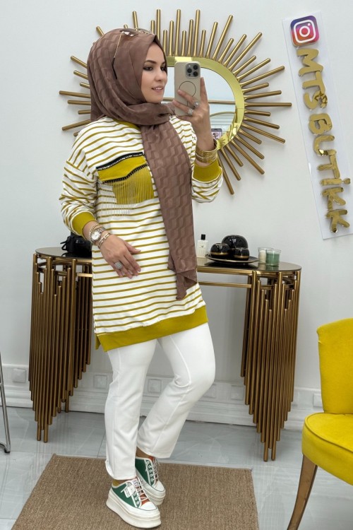 Zincirli Çizgili Tunik  Yağ Yeşili